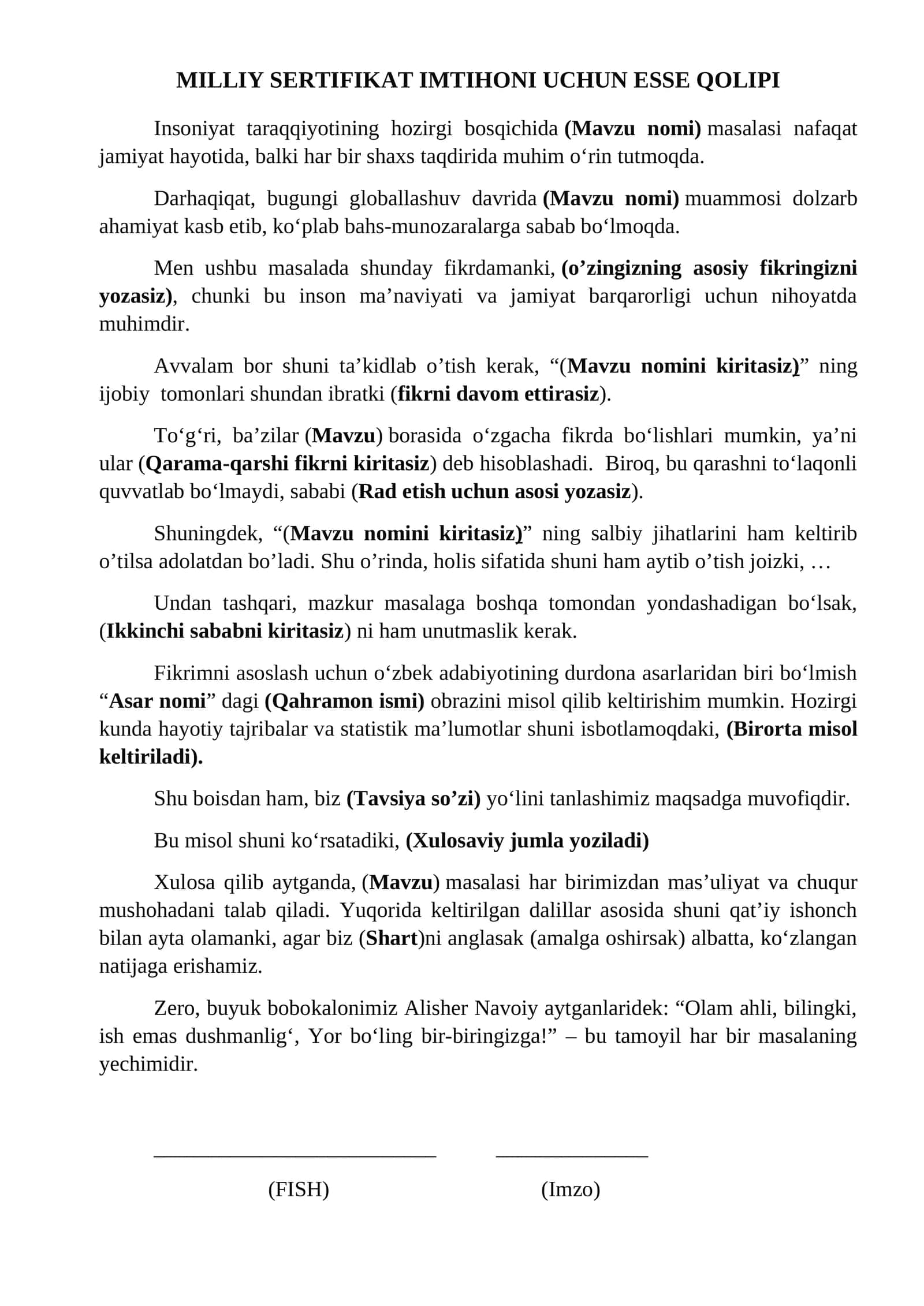 MILLIY SERTIFIKAT IMTIHONI UCHUN TAYYOR ESSE QOLIPI