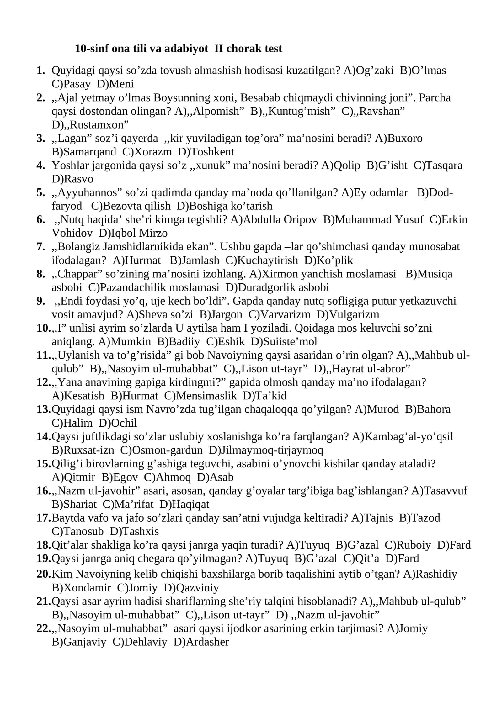 10-sinf ona tili va adabiyot II chorak test