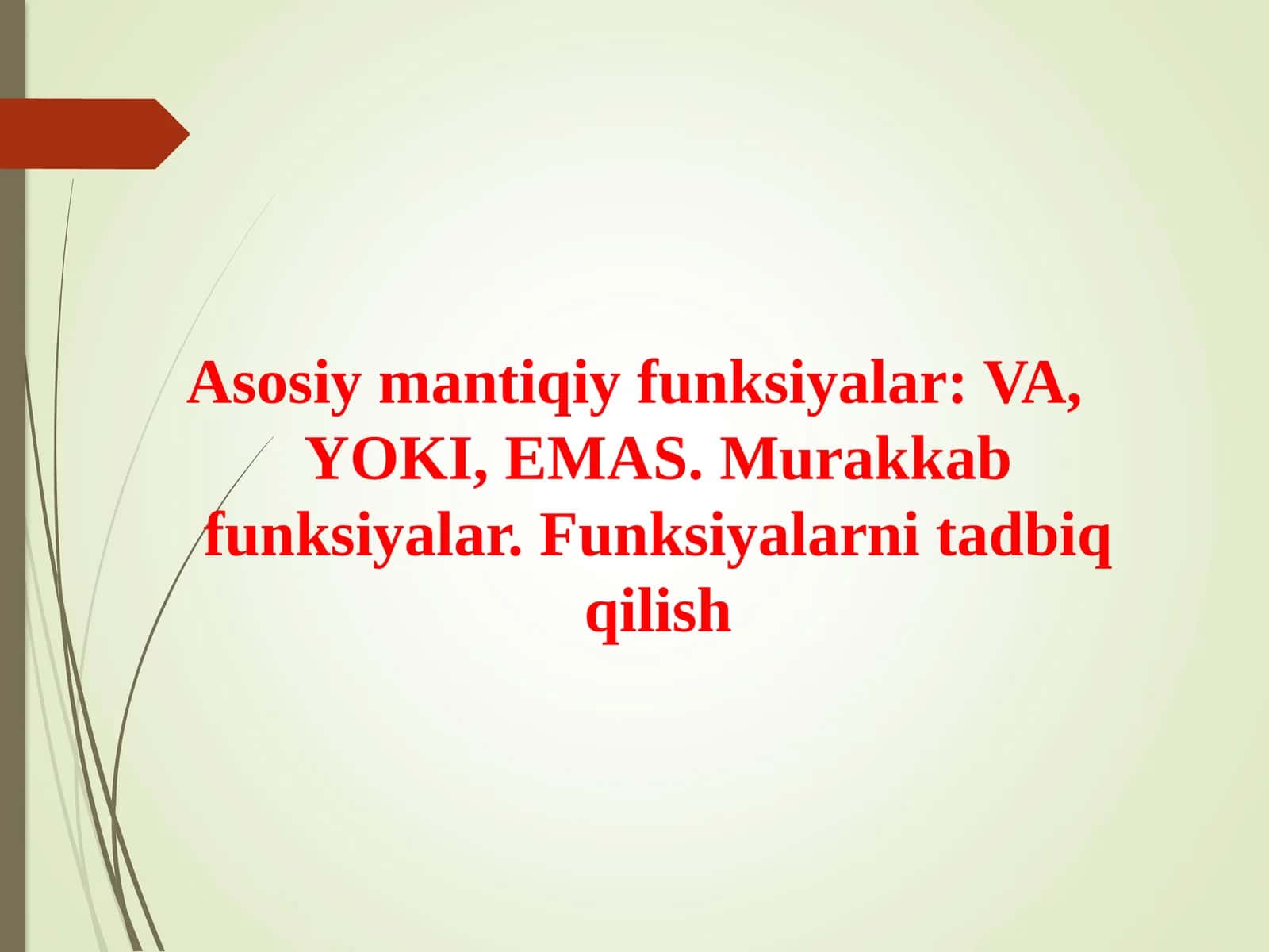Asosiy mantiqiy funksiyalar: VA, YOKI, EMAS. Murakkab funksiyalar. Funksiyalarni tadbiq qilish