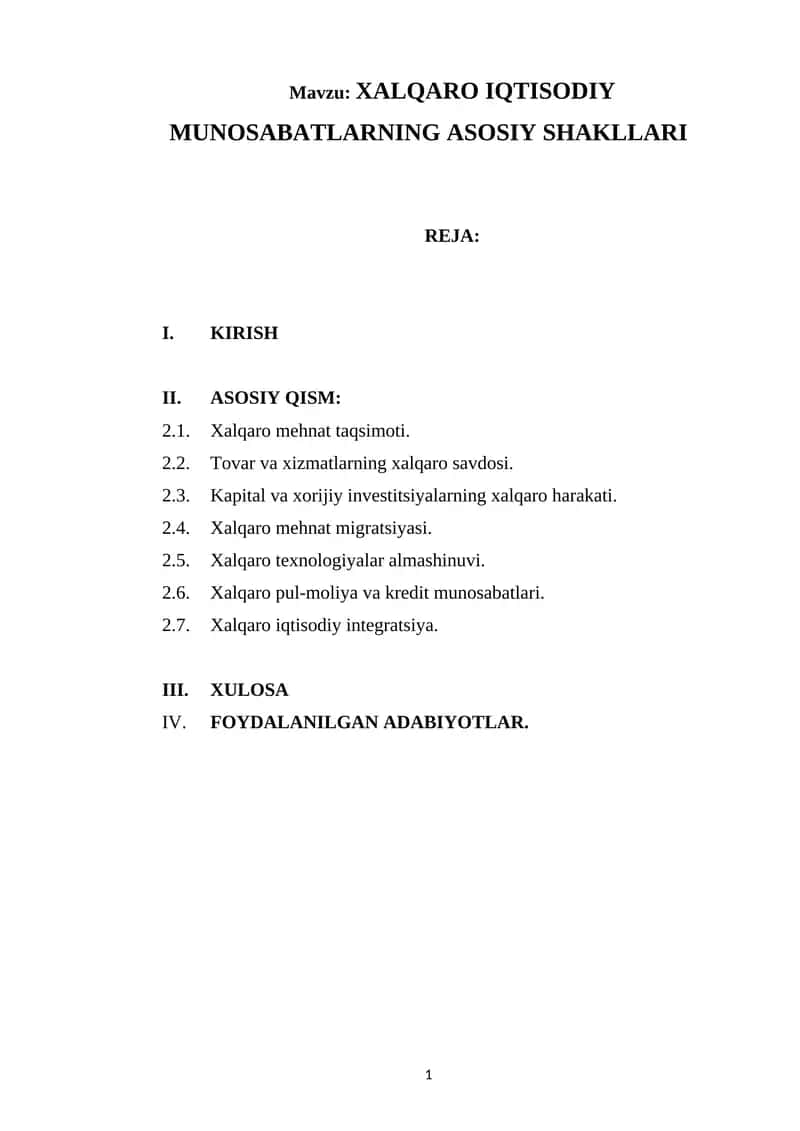 XALQARO IQTISODIY MUNOSABATLARNING ASOSIY SHAKLLARI