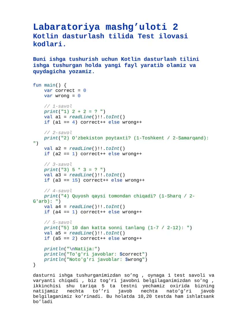 Kotlin dasturlash tilida Test ilovasi