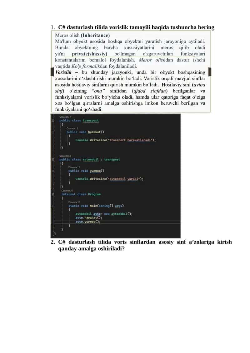 C# dasturlash tilida vorislik, polimorfizm va ichma-ich sinflar