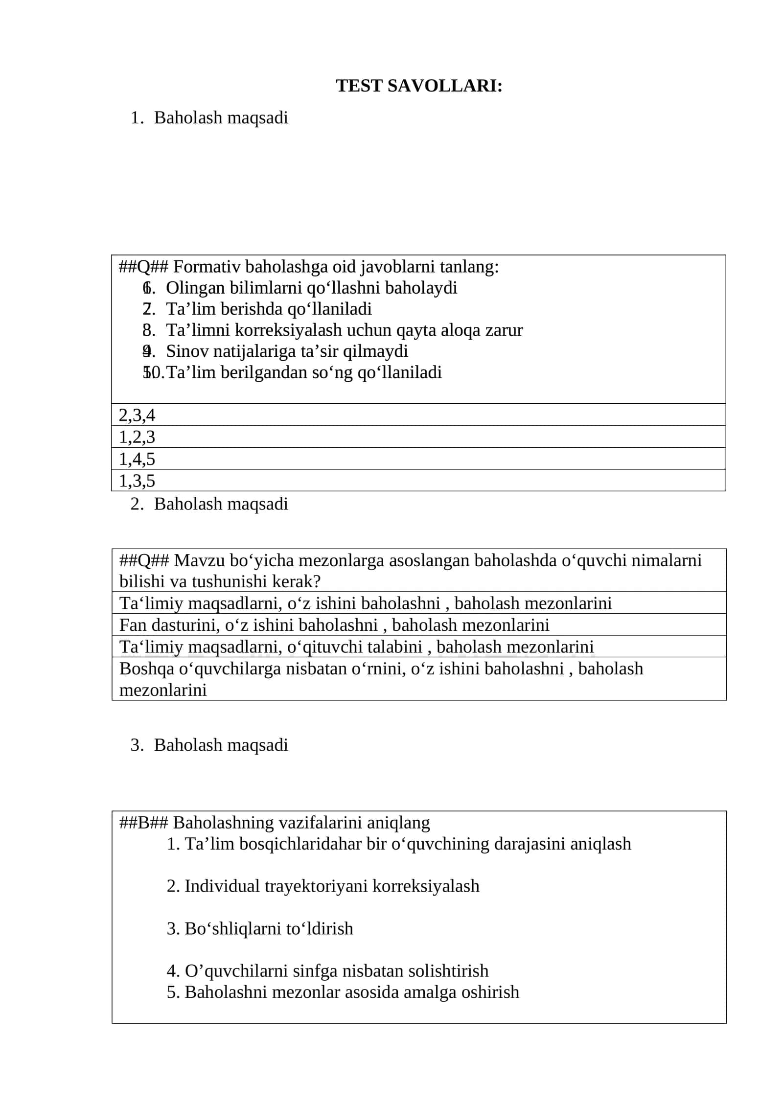 Menejerlik kursi tinglovchilari uchun yangi baholashga oid savollar 1