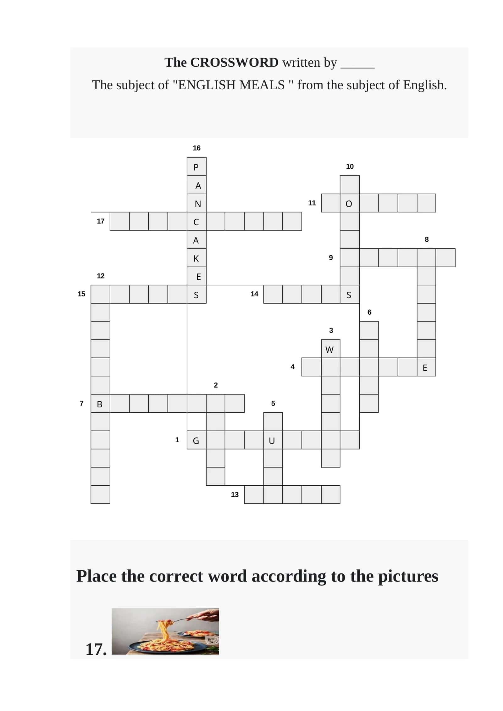 ENGLISH MEALS CROSSWORD