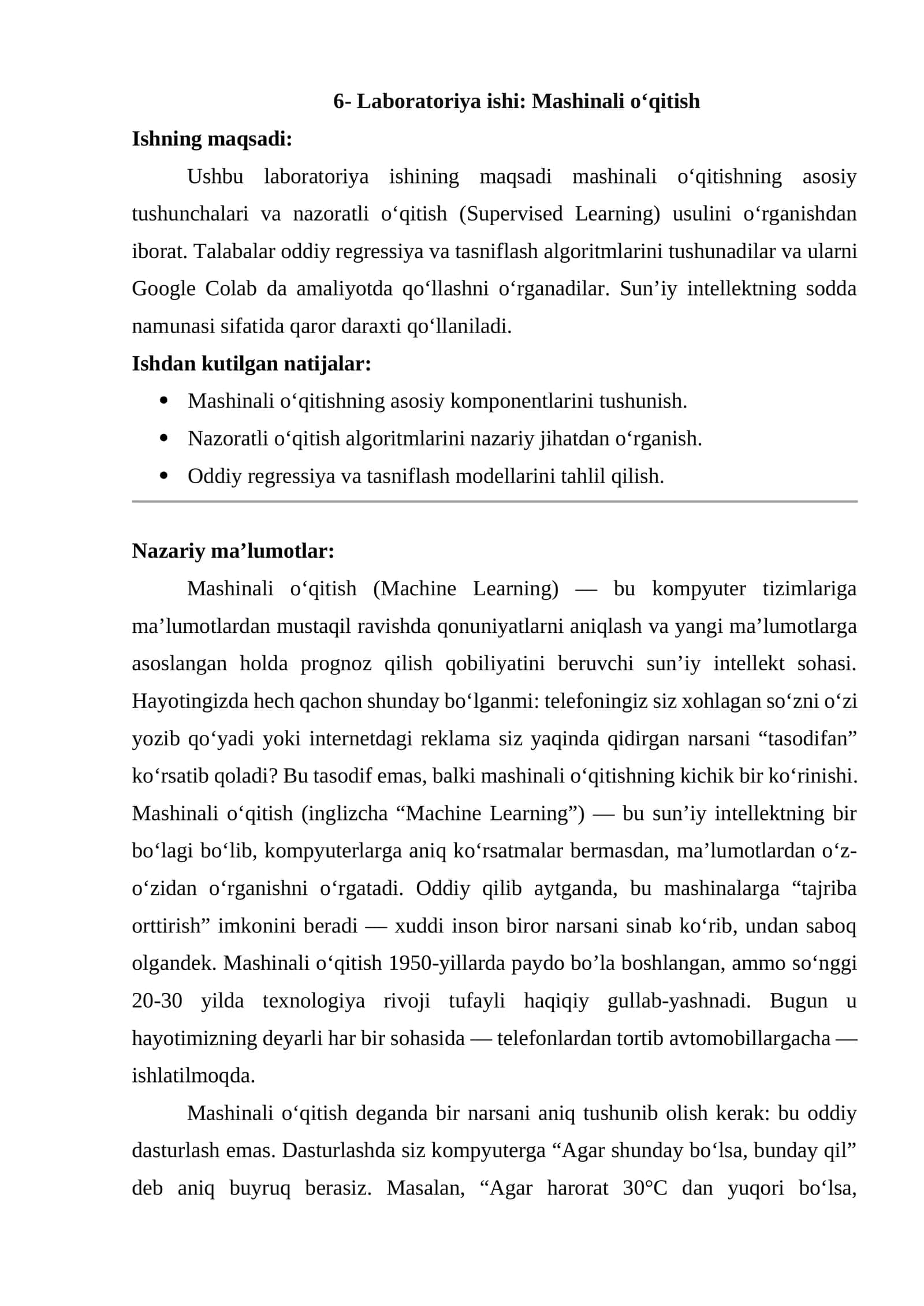 6- Laboratoriya ishi: Mashinali o‘qitish