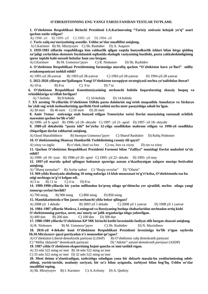 O’ZBEKISTONNING ENG YANGI TARIXI FANIDAN TESTLAR TO’PLAMI.