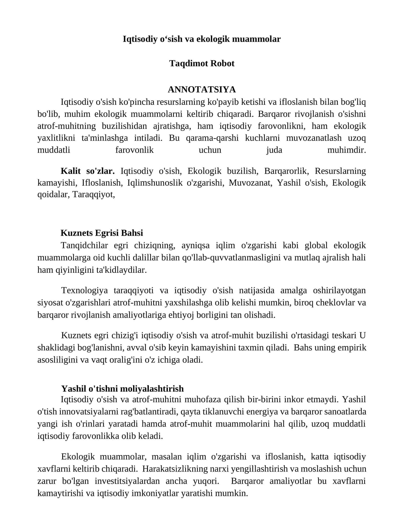 Iqtisodiy oʻsish va ekologik muammolar
