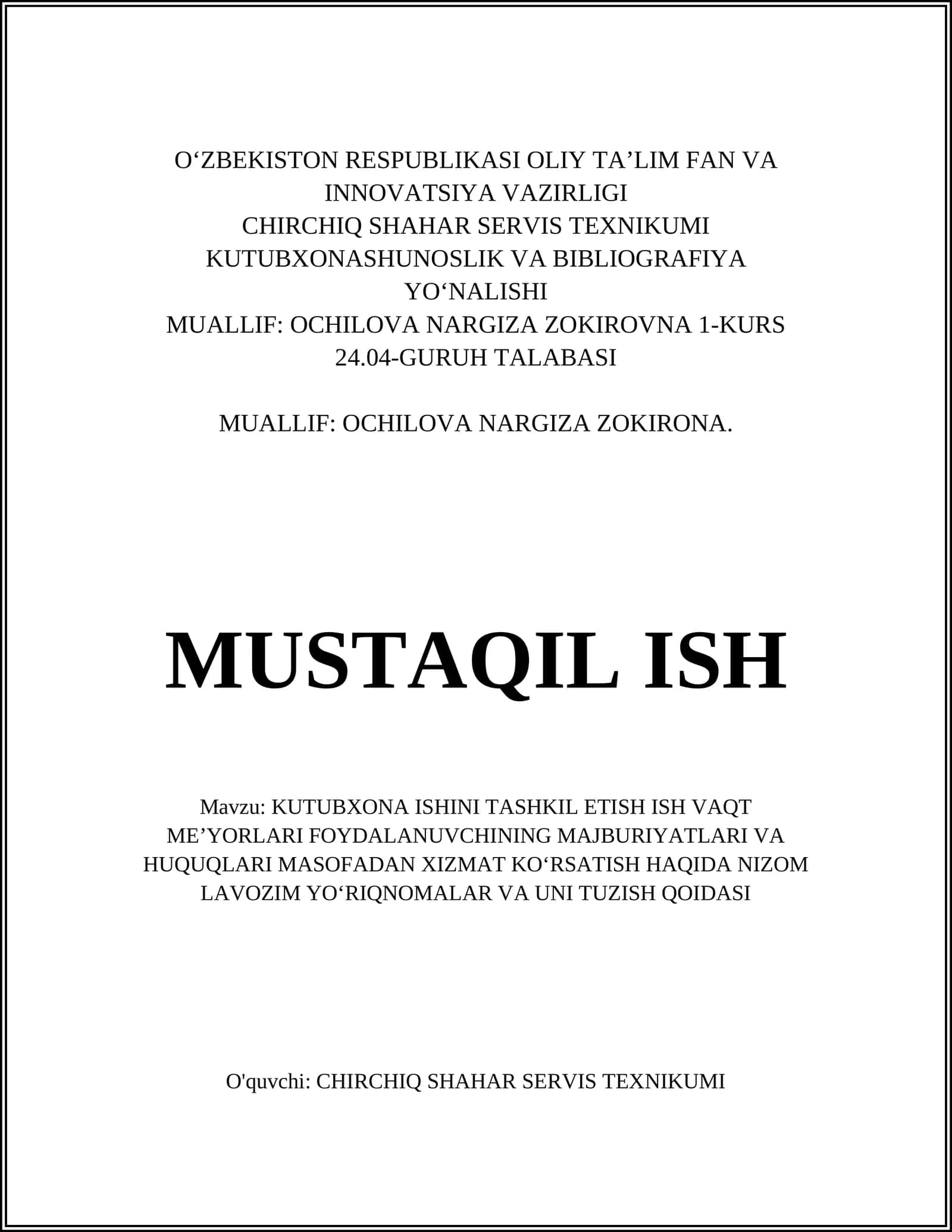 Kutubxona ishini tashkil etish