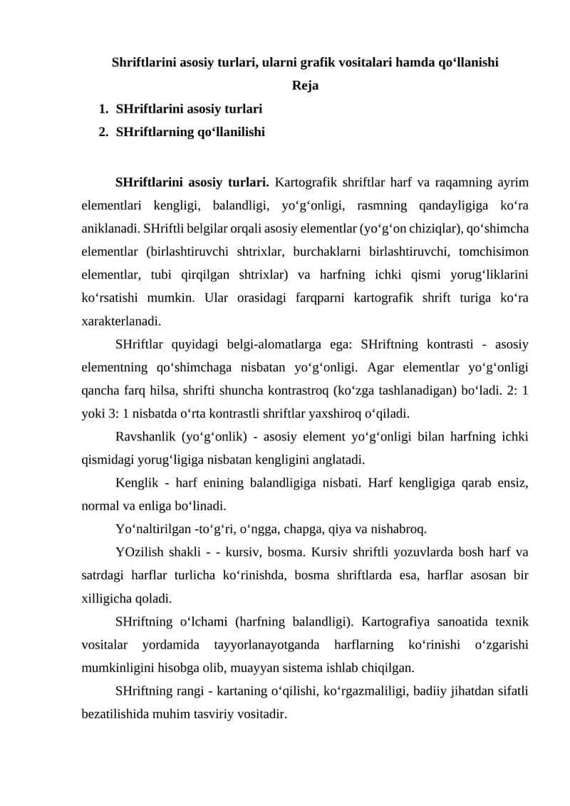 SHriftlarini asosiy turlari