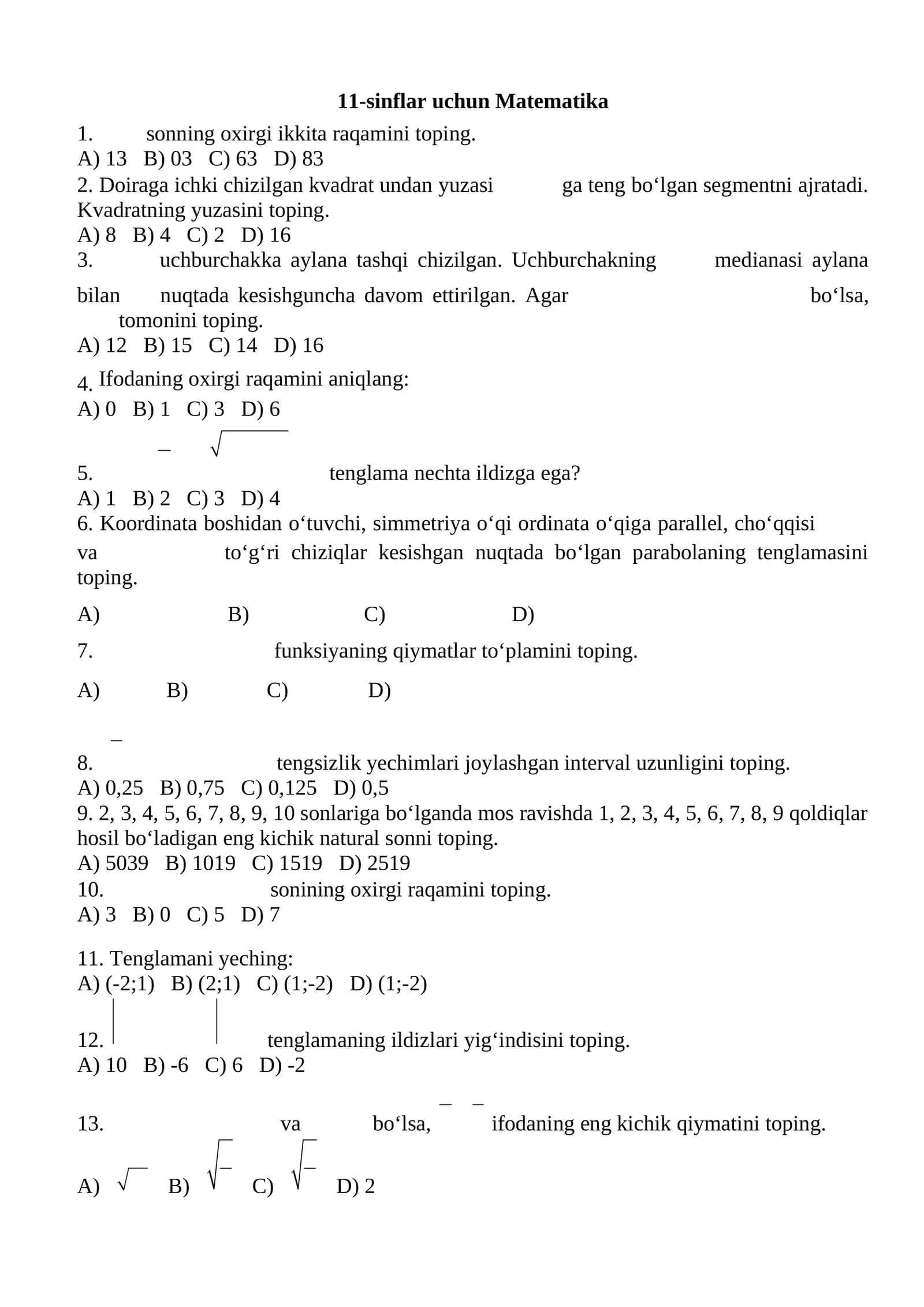 11-sinflar uchun Matematika