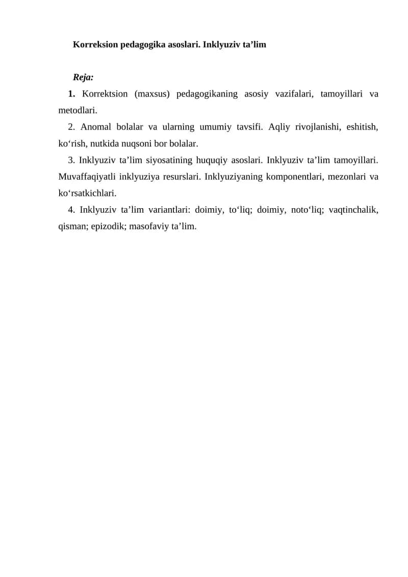 Korreksion pedagogika asoslari. Inklyuziv ta’lim