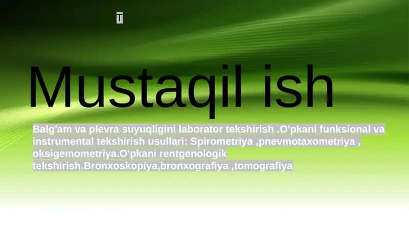 Balg'am va plevra suyuqligini laborator tekshirish .O'pkani funksional va instrumental tekshirish usullari: Spirometriya ,pnevmotaxometriya , oksigemometriya.O'pkani rentgenologik tekshirish.Bronxoskopiya,bronxografiya ,tomografiya