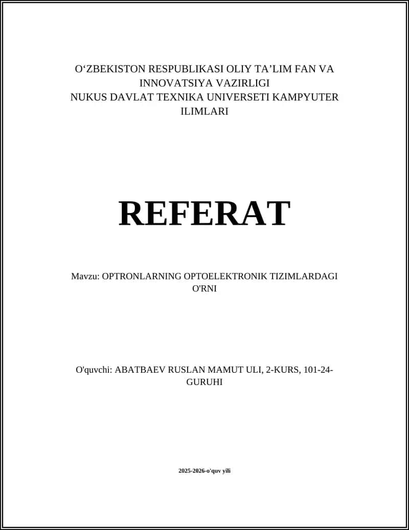 OPTRONLARNING OPTOELEKTRONIK TIZIMLARDAGI O'RNI