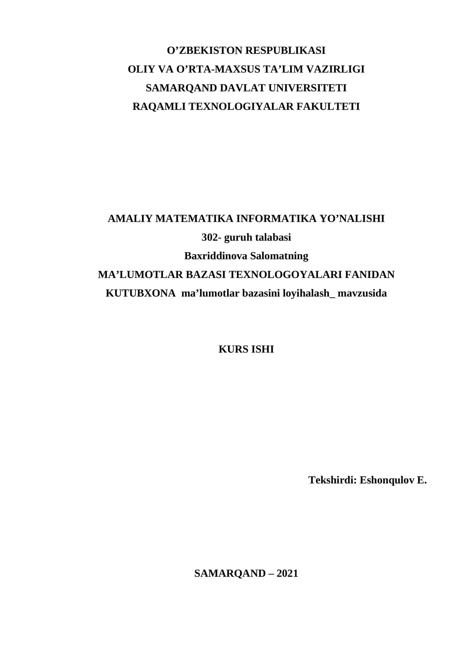 Ma’lumotlar bazasi texnologiyalari fani