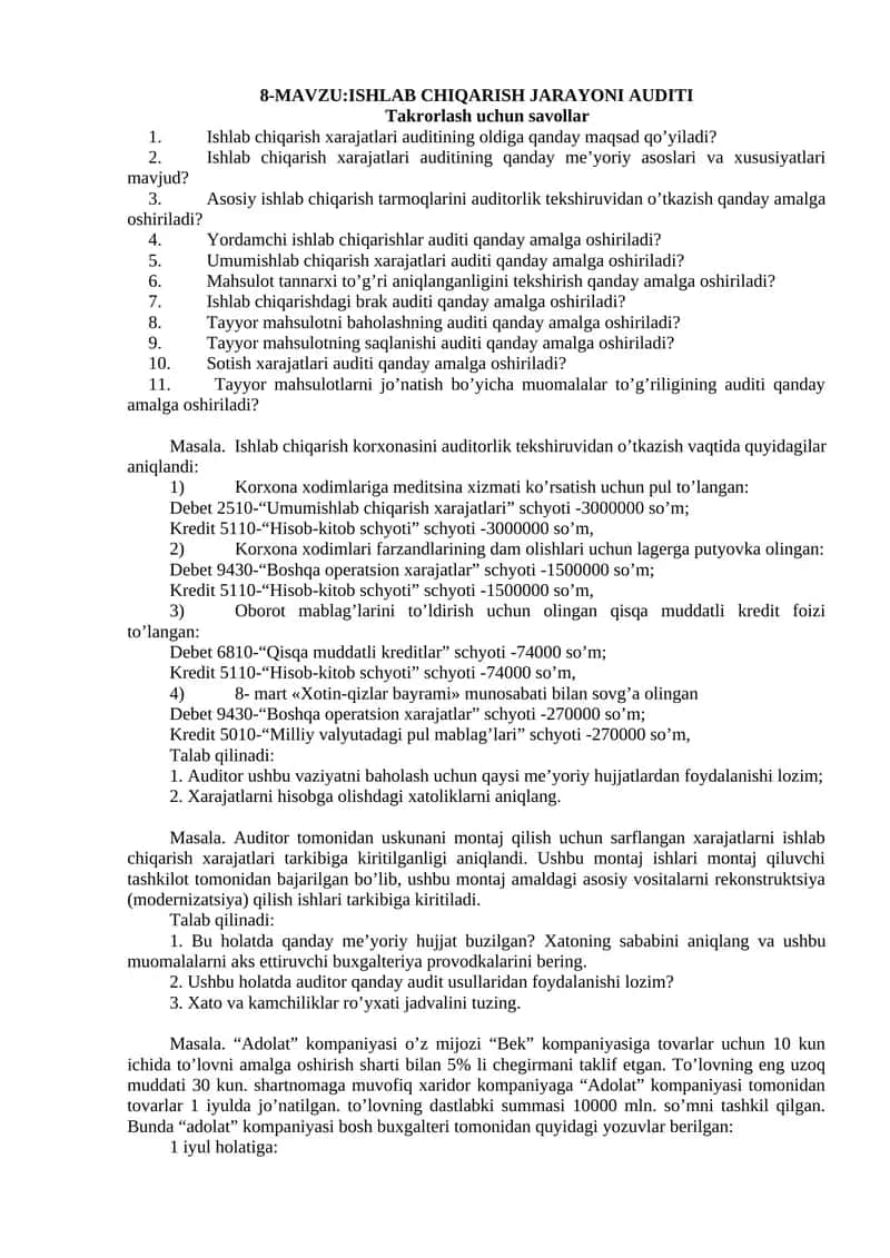 ISHLAB CHIQARISH JARAYONI AUDITI