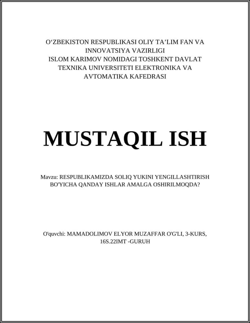 RESPUBLIKAMIZDA SOLIQ YUKINI YENGILLASHTIRISH BO'YICHA QANDAY ISHLAR AMALGA OSHIRILMOQDA?