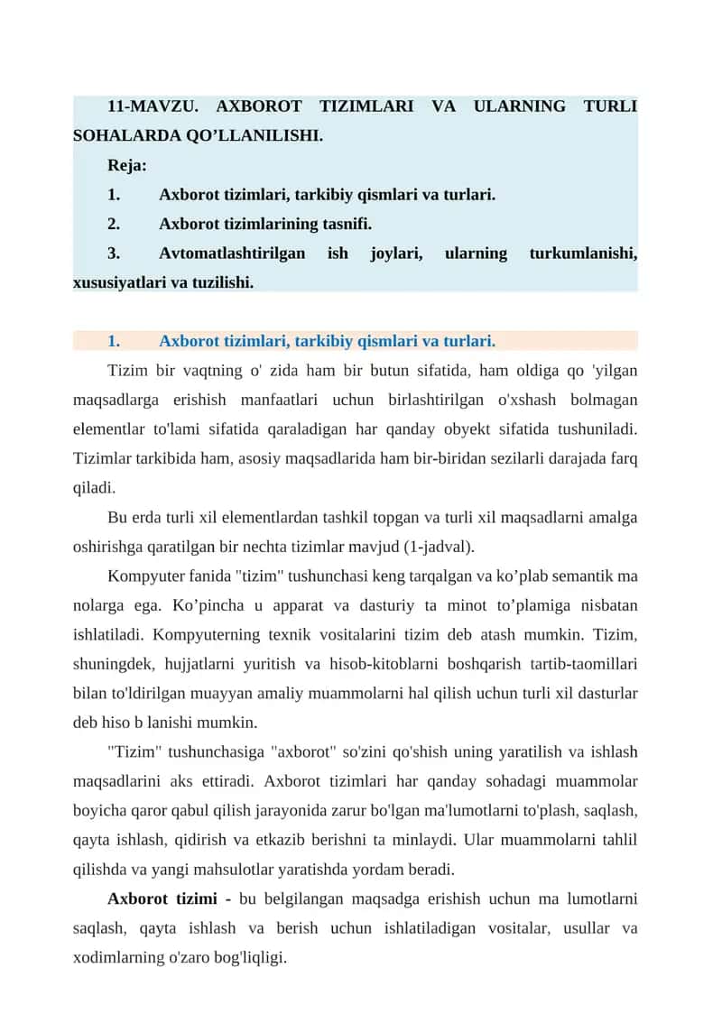 Axborot tizimlari va ularning turli sohalar