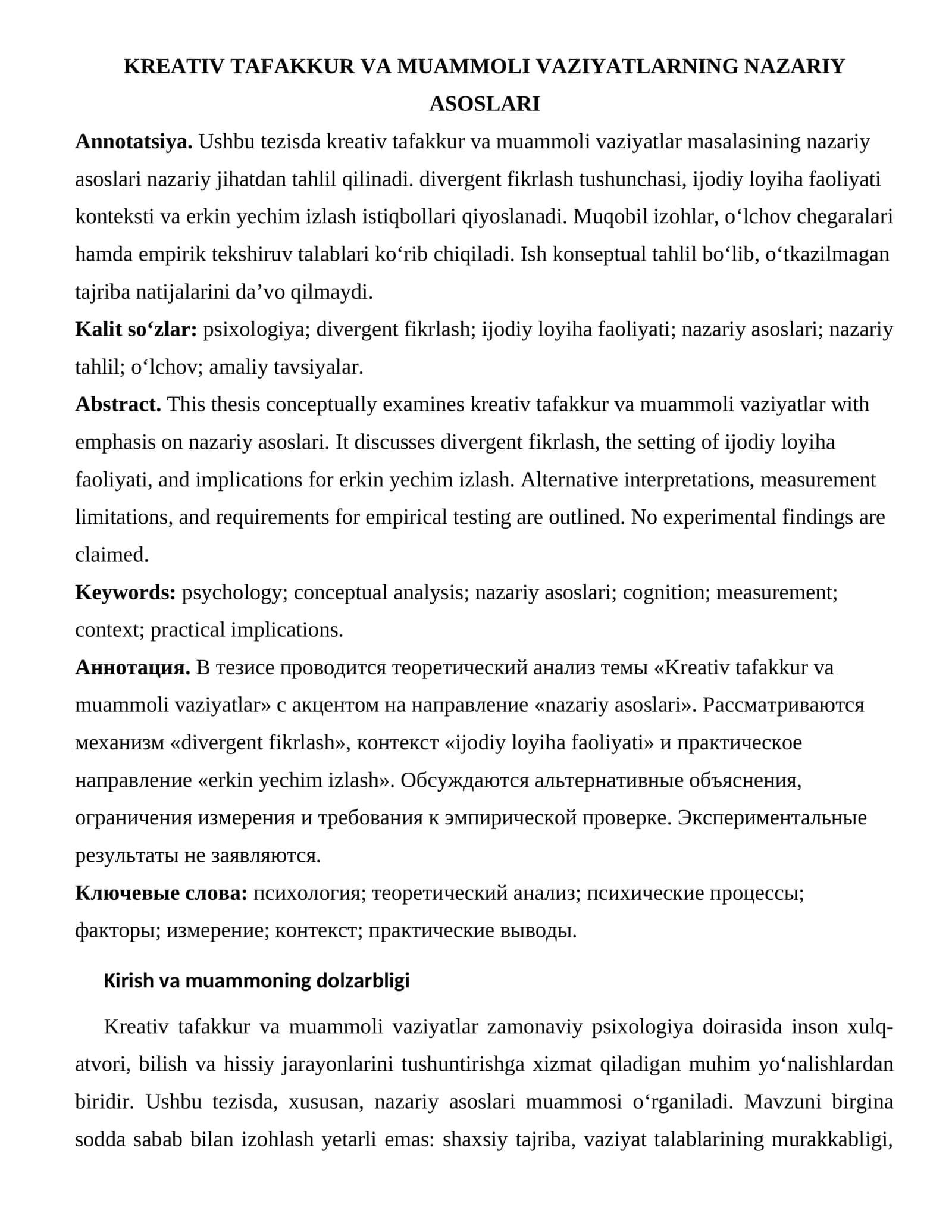KREATIV TAFAKKUR VA MUAMMOLI VAZIYATLARNING NAZARIY ASOSLARI