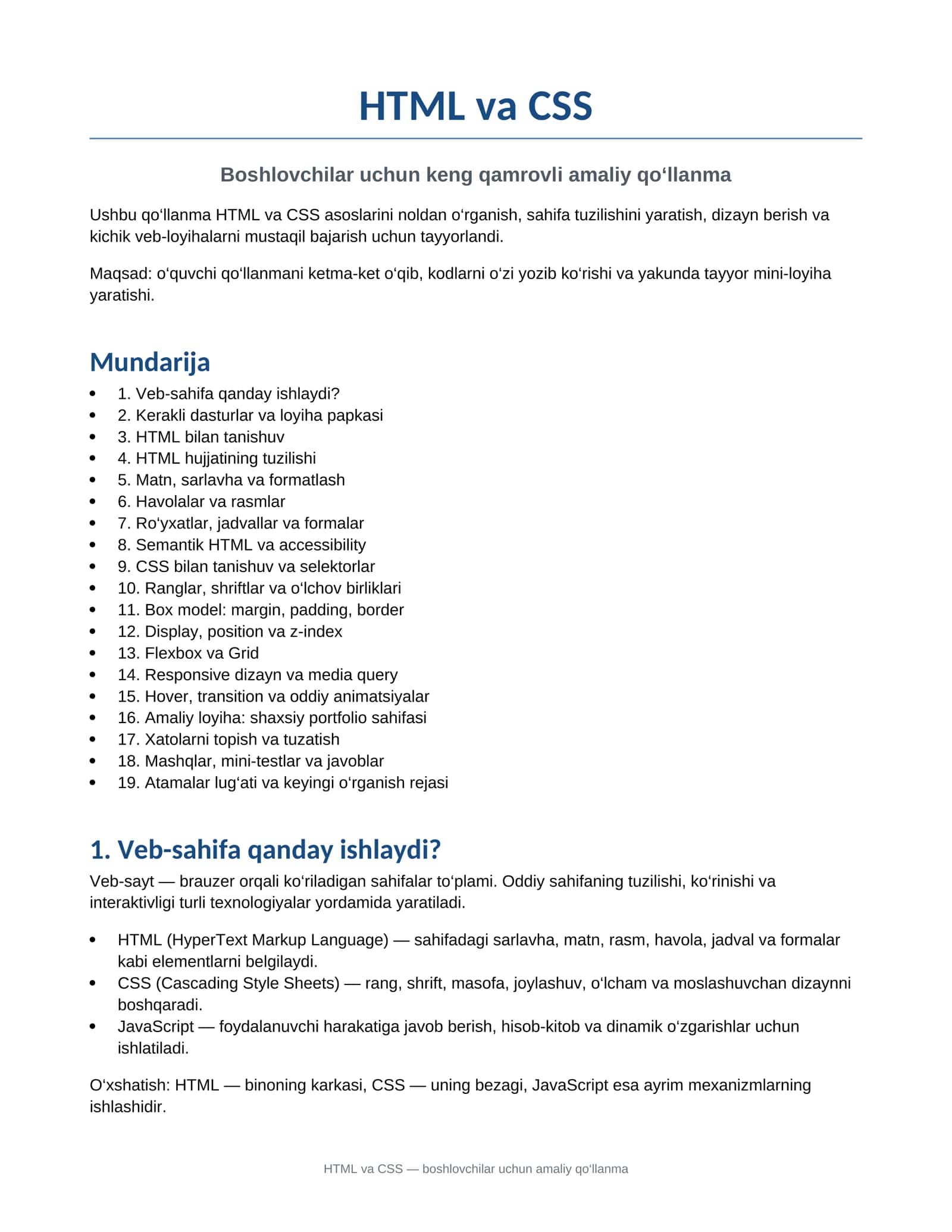 HTML va CSS boshlovchilar uchun qollanma kodaar