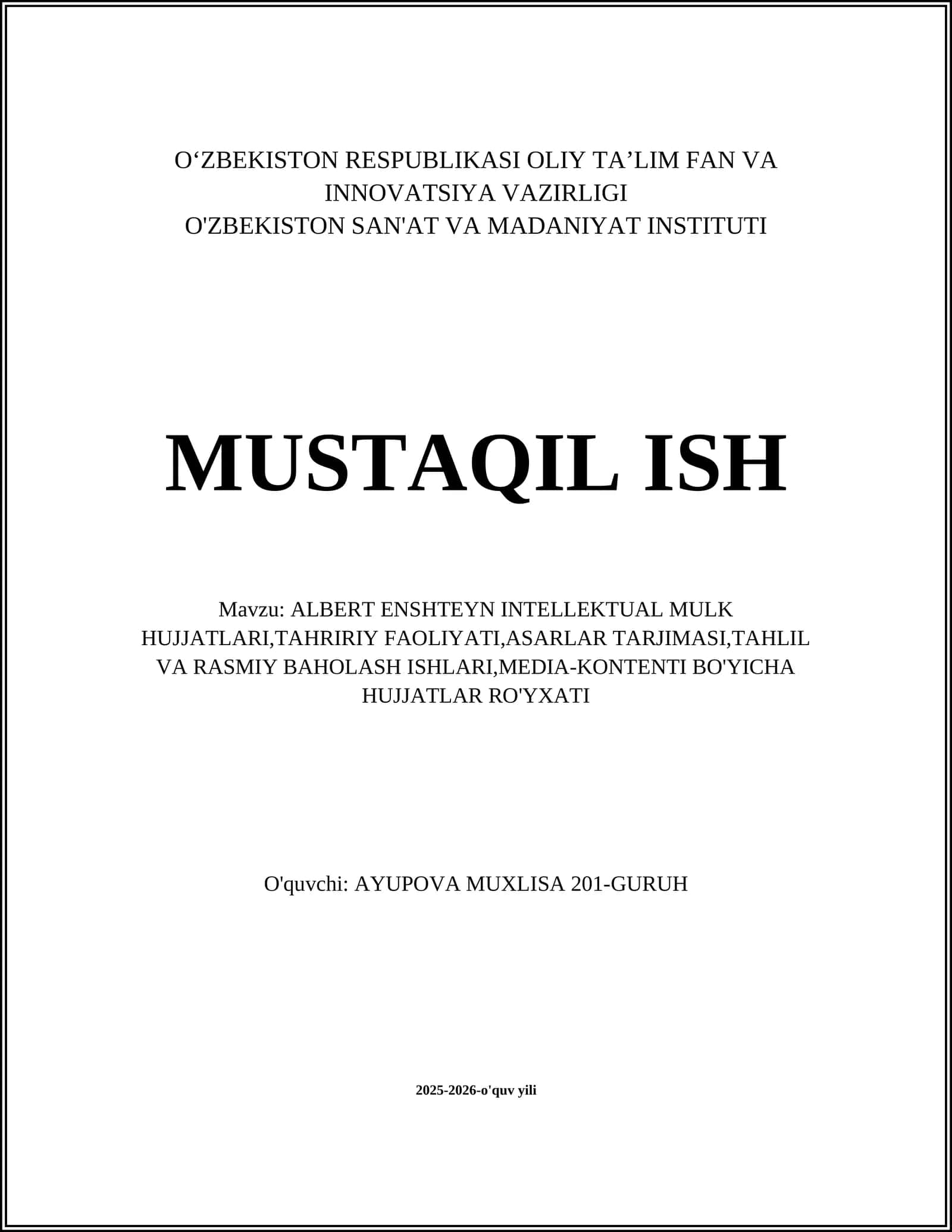 ALBERT ENSHTEYN INTELLEKTUAL MULK HUJJATLARI