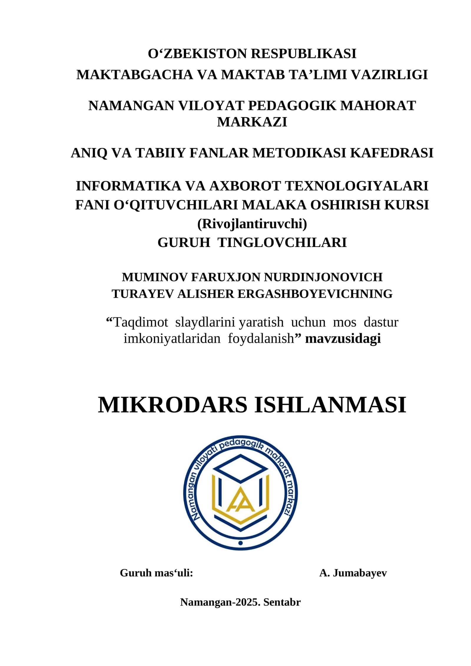Taqdimot slaydlarini yaratish uchun mos dastur imkoniyatlaridan foydalanish