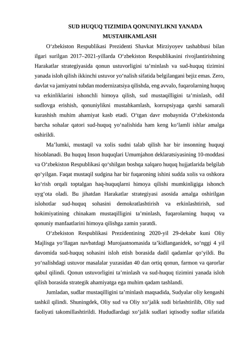 SUD HUQUQ TIZIMIDA QONUNIYLIKNI YANADA MUSTAHKAMLASH