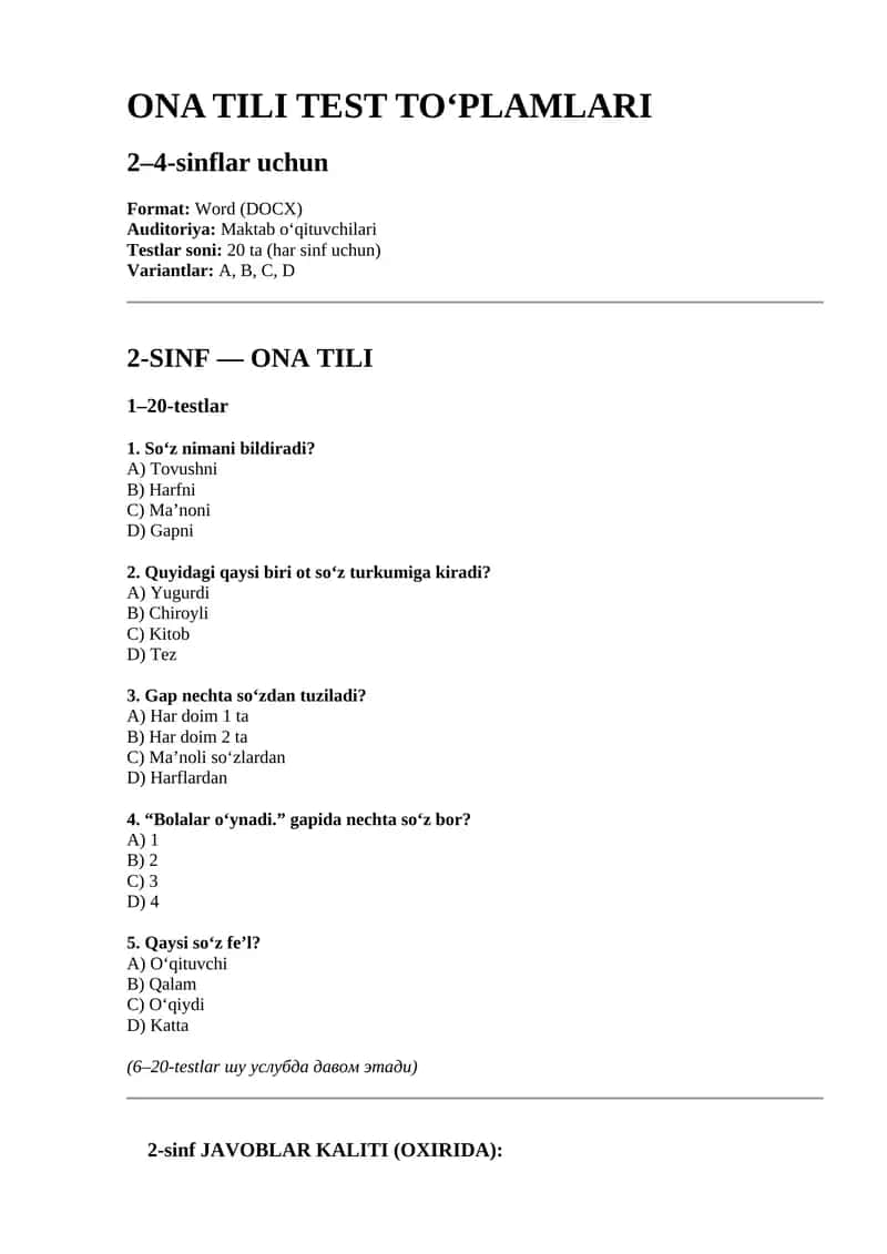 ONA TILI TEST TO‘PLAMLARI