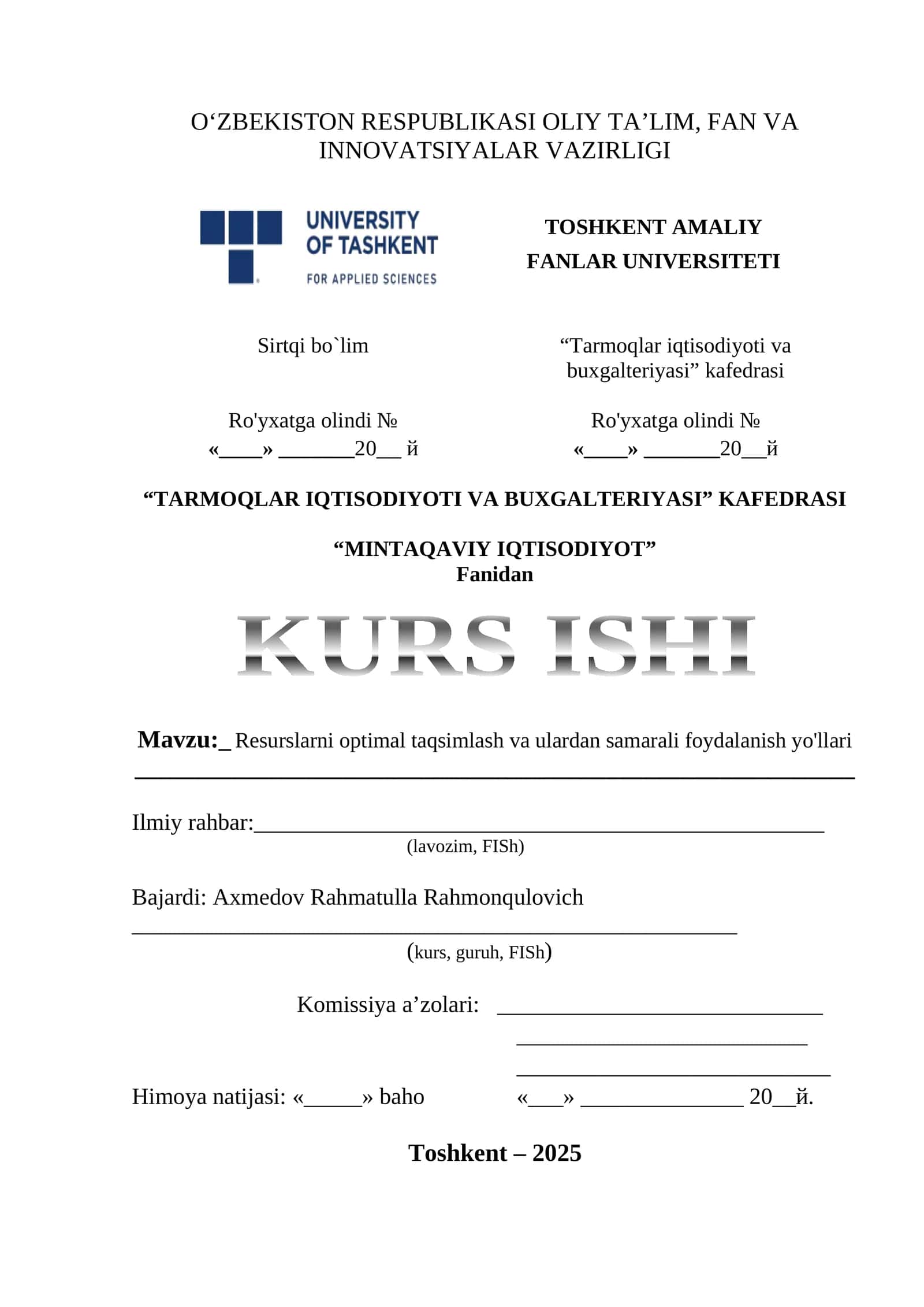 Resurslarni optimal taqsimlash va ulardan samarali foydalanish yo'llari