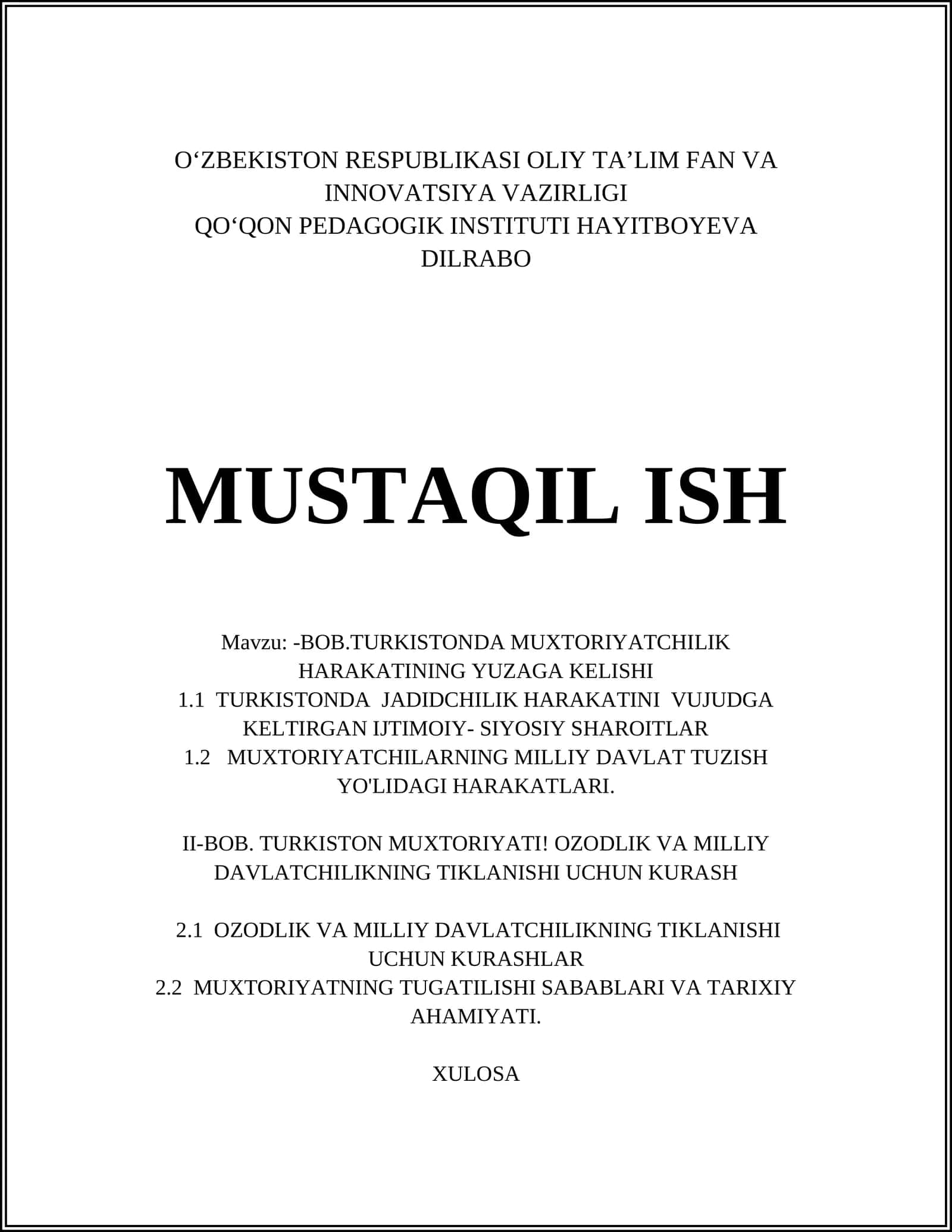 Turkistonda Muxtoriyatchilik Harakatining Yuza Kelishi