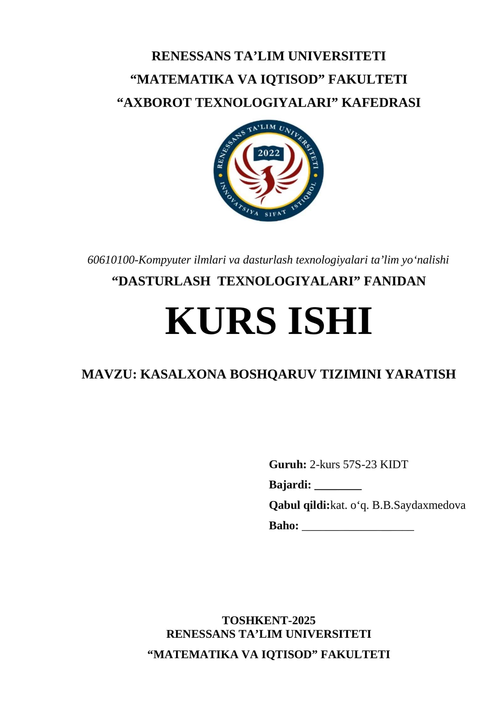 KASALXONA BOSHQARUV TIZIMINI YARATISH