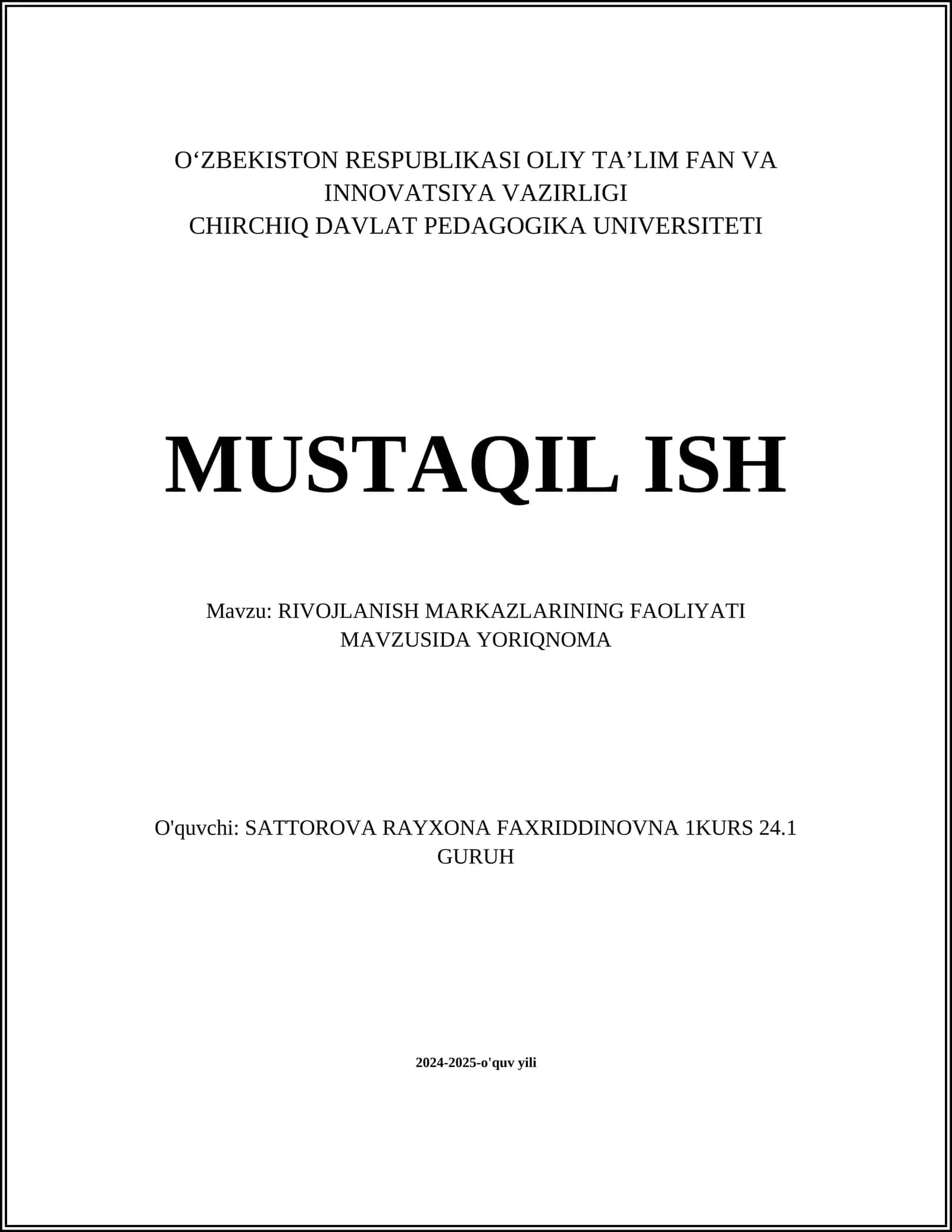 RIVOJLANISH MARKAZLARINING FAOLIYATI MAVZUSIDA YORIQNOMA