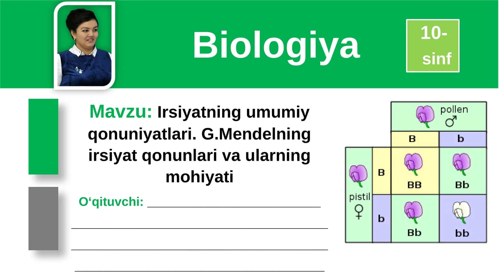 10-sinf Biologiya fanidan Irsiyat qonuniyatlari dars taqdimoti
