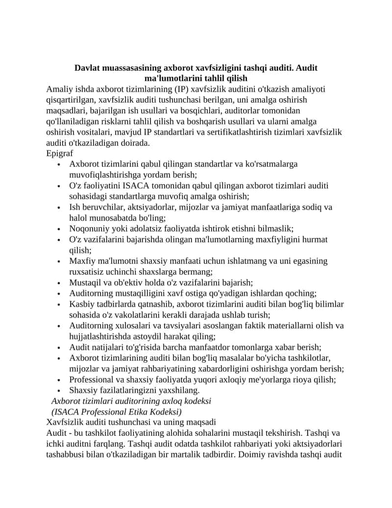 Davlat muassasasining axborot xavfsizligini tashqi auditi. Audit ma'lumotlarini tahlil qilish