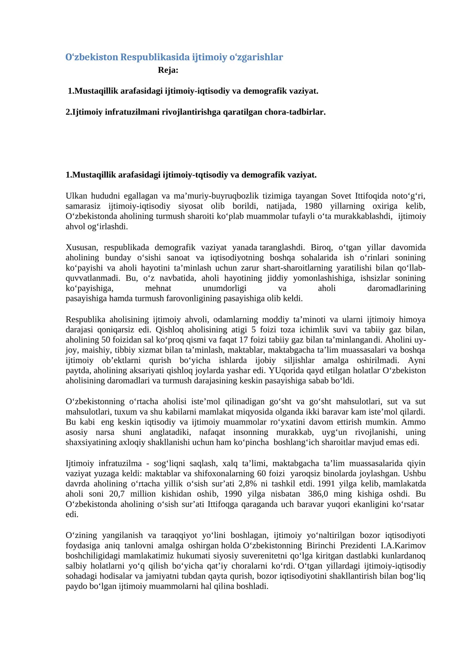 O‘zbekiston Respublikasida ijtimoiy o‘zgarishlar