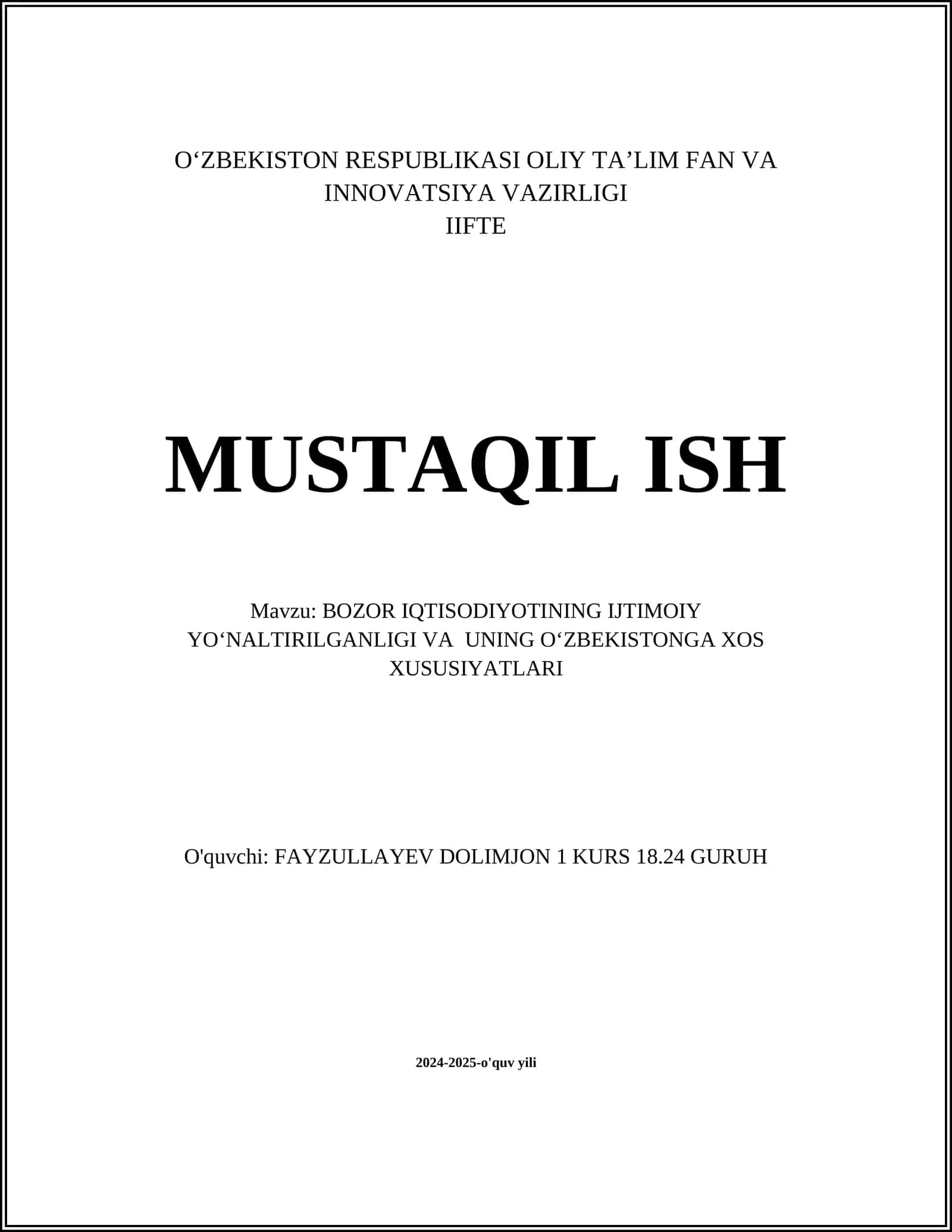 BOZOR IQTISODIYOTINING IJTIMOIY YOʻNALTIRILGANLIGI VA UNING OʻZBEKISTONGA XOS XUSUSIYATLARI