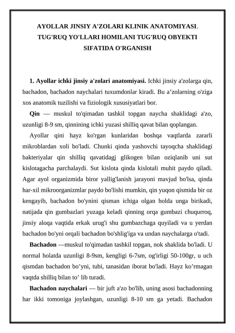 AYOLLAR JINSIY A'ZOLARI KLINIK ANATOMIYASI