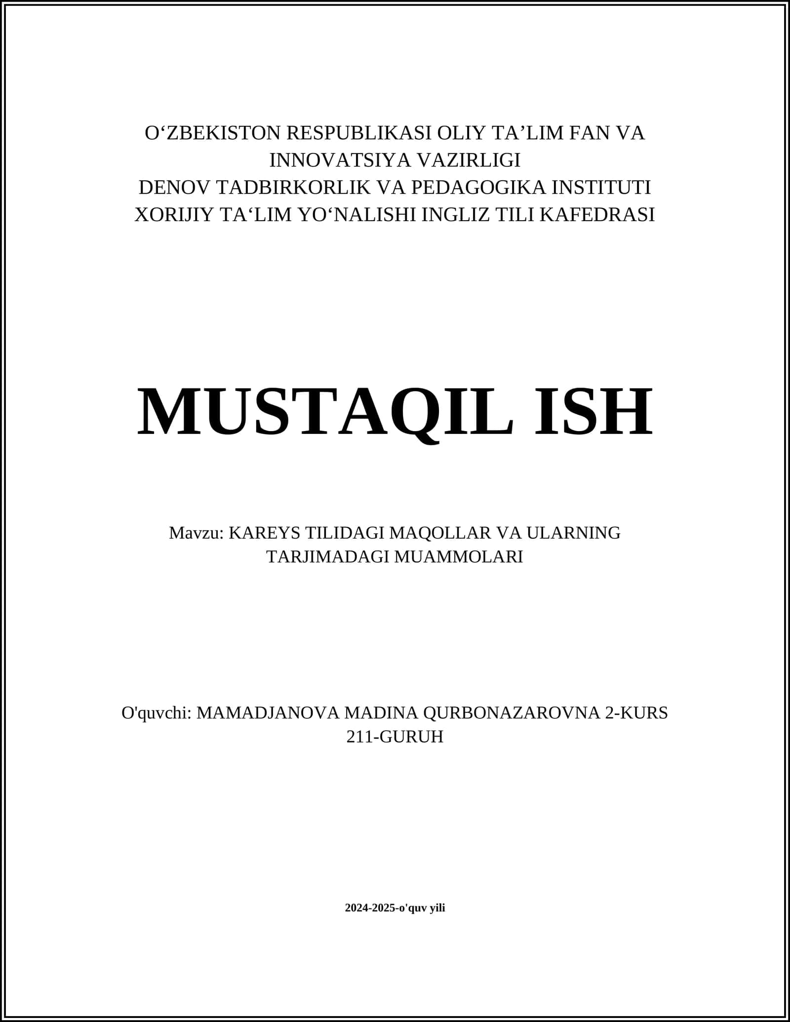 KAREYS TILIDAGI MAQOLLAR VA ULARNING TARJIMADAGI MUAMMOLARI
