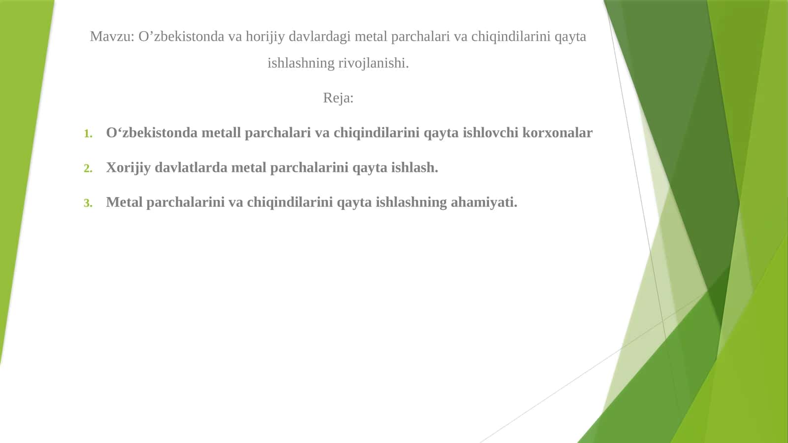 O’zbekistonda va horijiy davlatlarda metal parchalari va chiqindilarini qayta ishlashning rivojlanishi