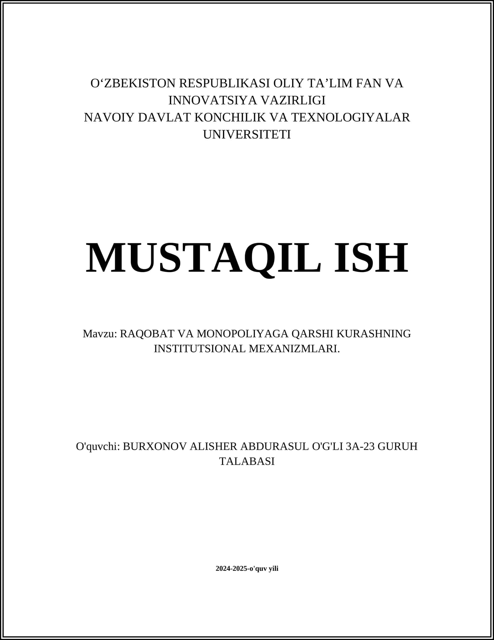 RAQOBAT VA MONOPOLIYAGA QARSHI KURASHNING INSTITUTSIONAL MEXANIZMLARI
