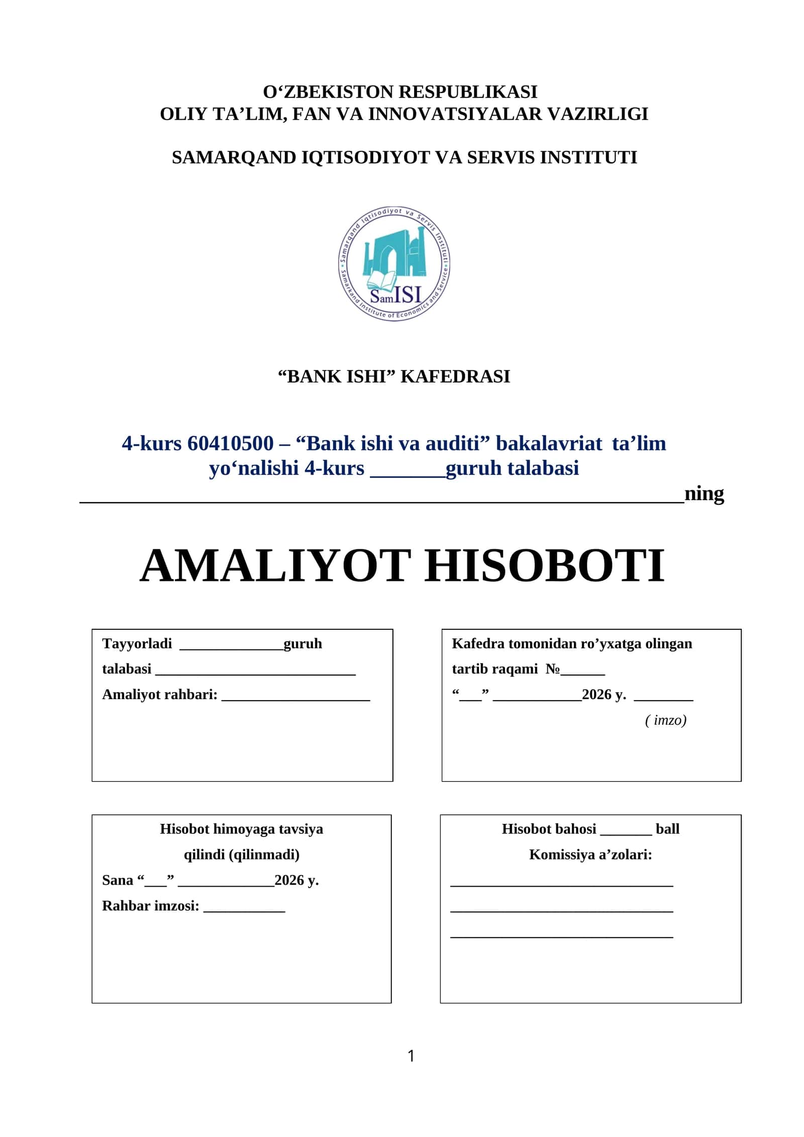 Amaliyot hisoboti. Agro bank toshkent