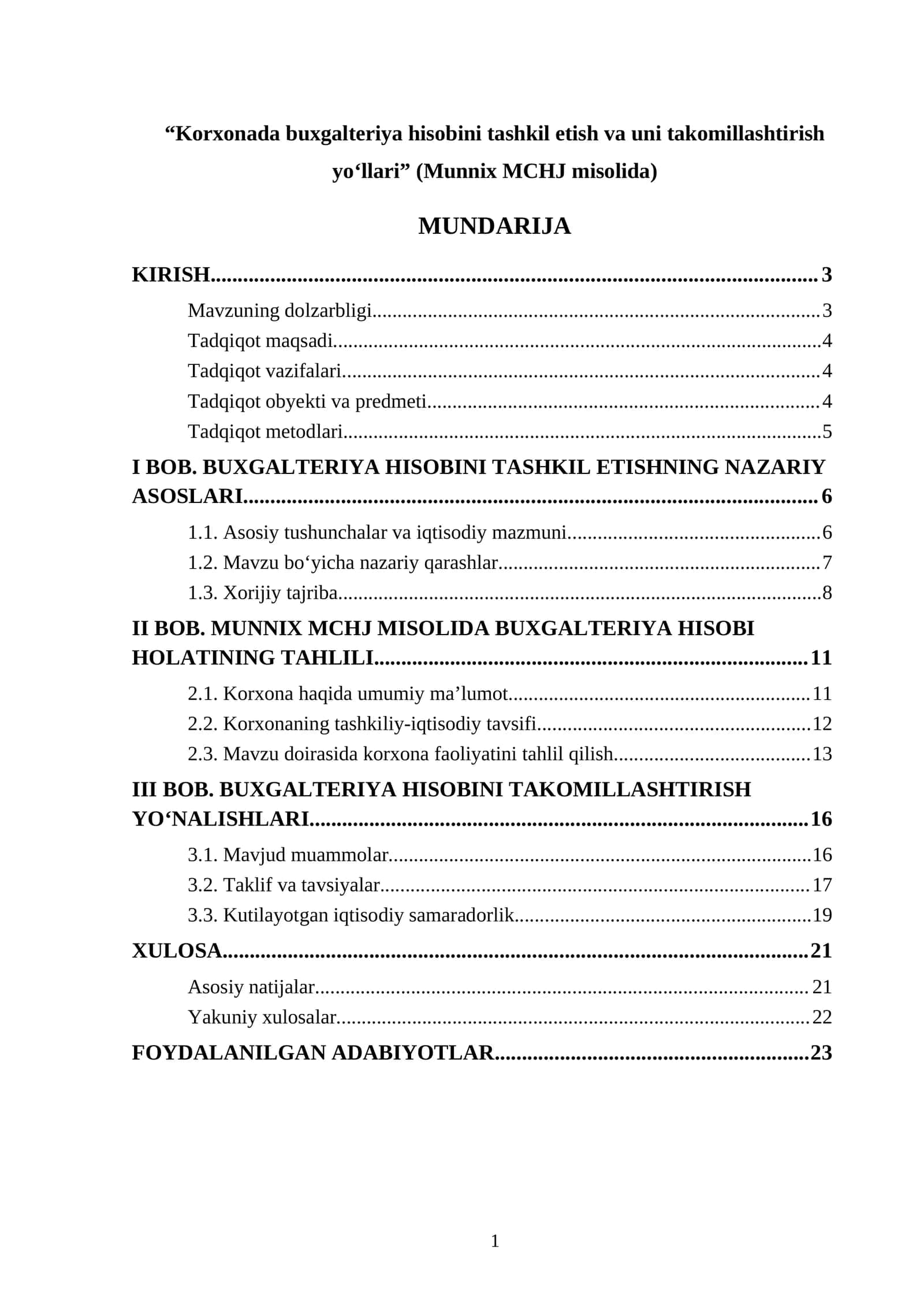 "Korxonada buxgalteriya hisobini tashkil etish va uni takomillashtirish yo‘llari" (Munnix MCHJ misolida)
