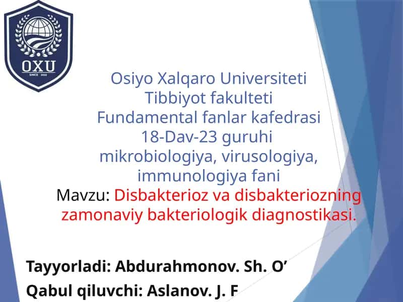 Disbakterioz va Disbakteriozning zamonaviy bakteriologik diagnostikasi