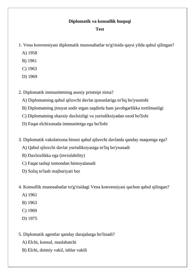 Diplomatik va konsullik huquqi test