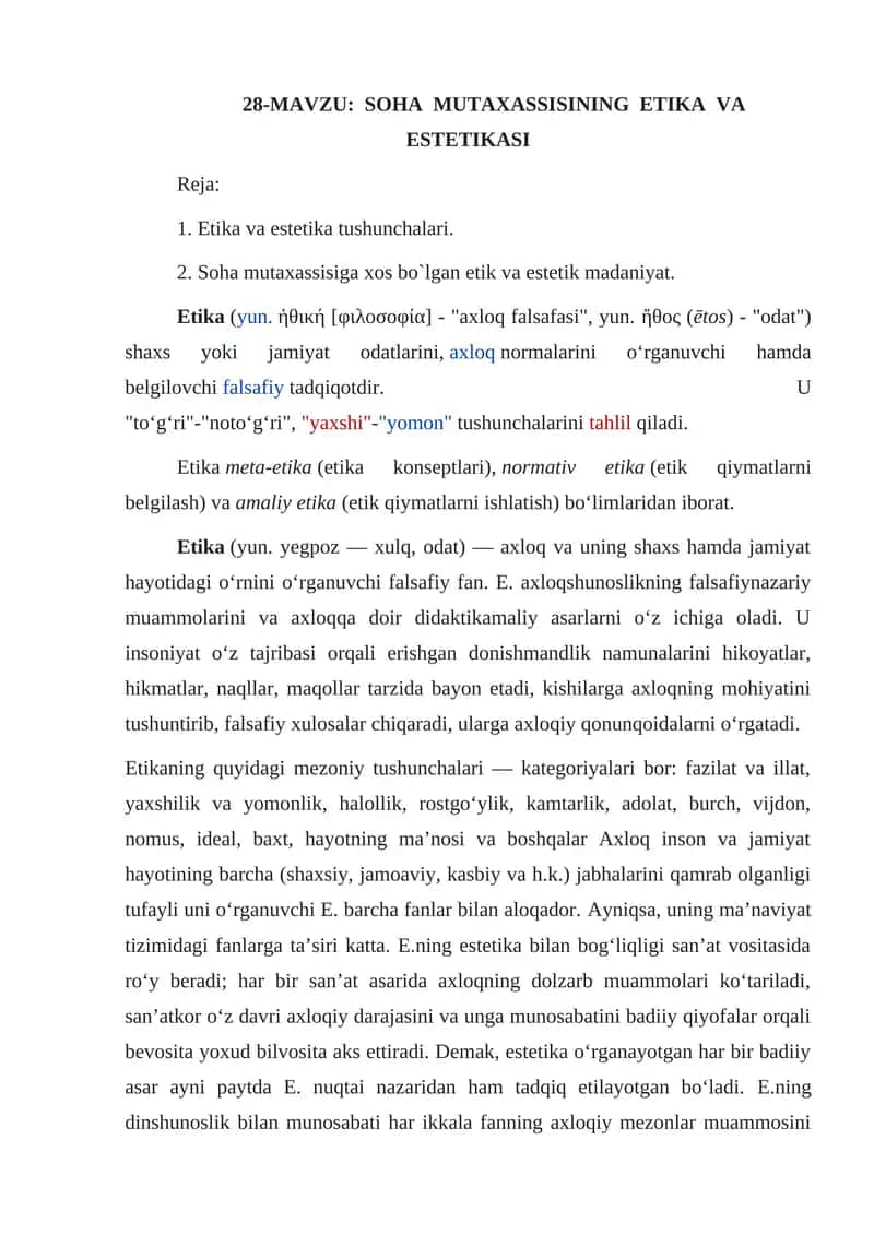 SOHA MUTAXASSISINING ETIKA VA ESTETIKASI
