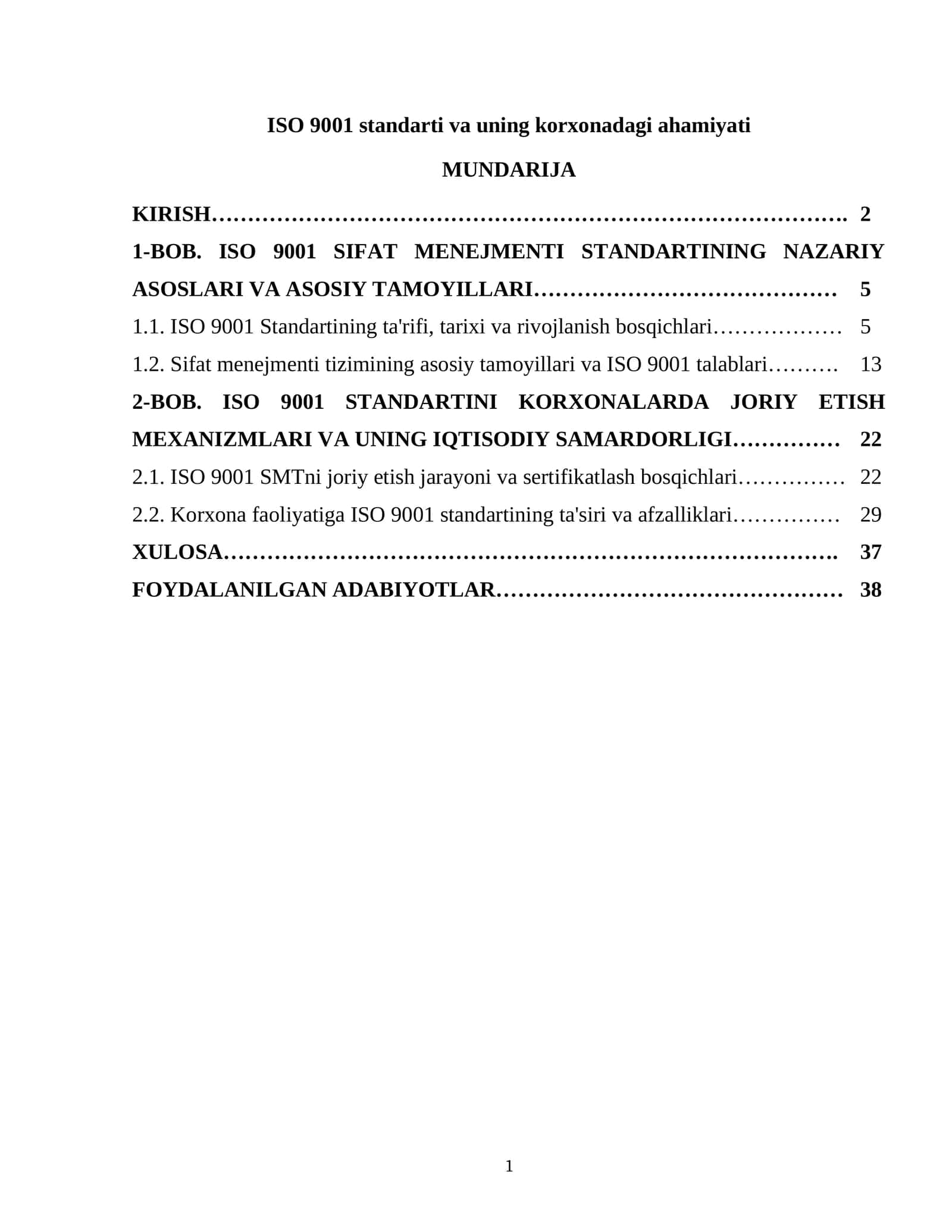 ISO 9001 standarti va uning korxonadagi ahamiyati