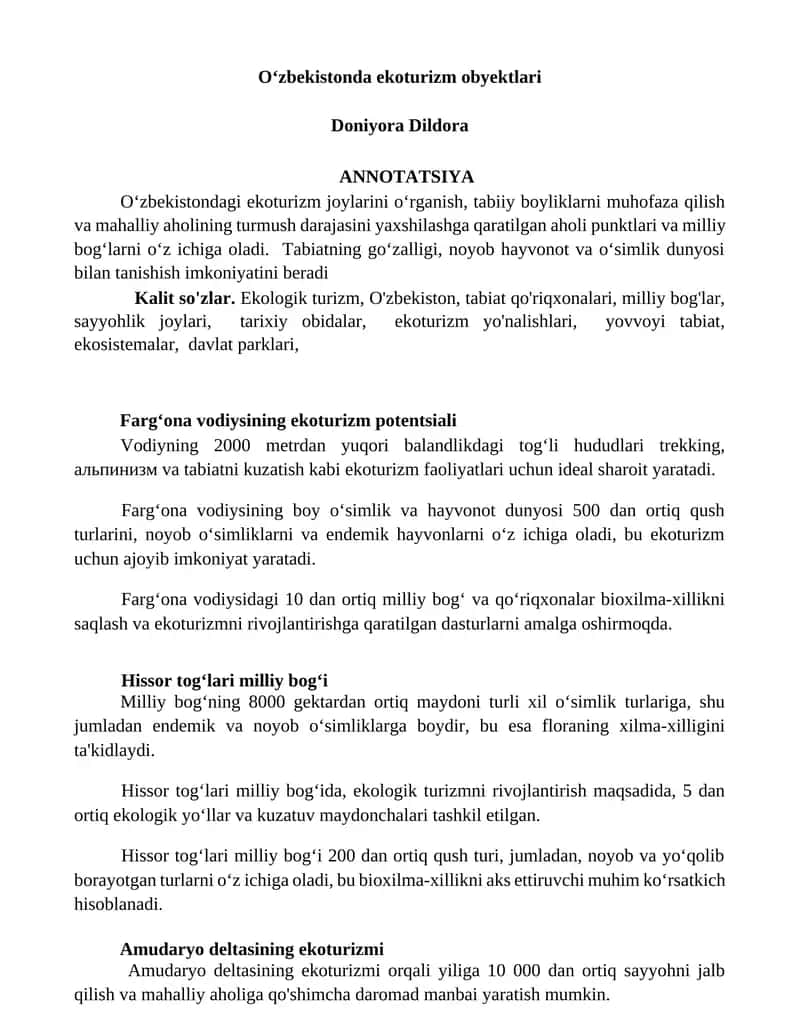 Fargʻona vodiysining ekoturizm potentsiali