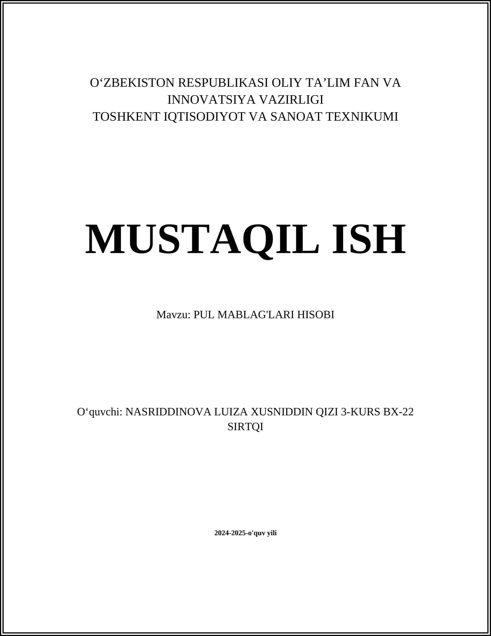 PUL MABLAG'LARI HISOBI