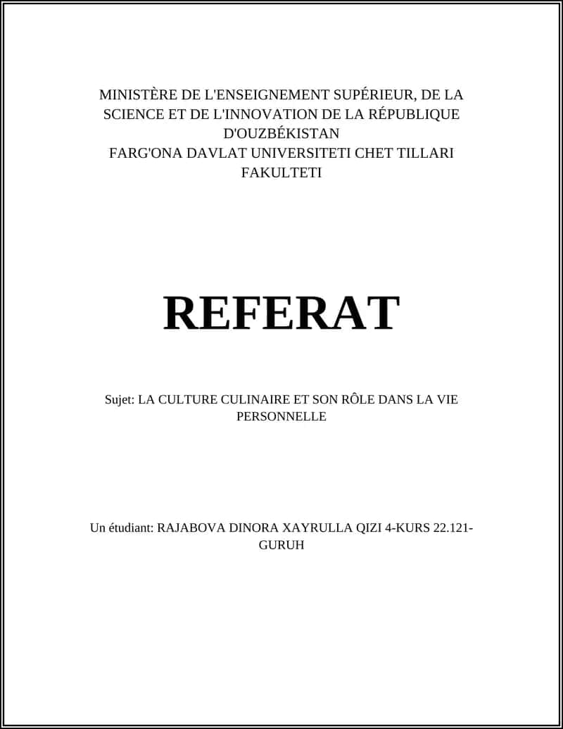 REFERAT: LA CULTURE CULINAIRE ET SON RÔLE DANS LA VIE PERSONNELLE