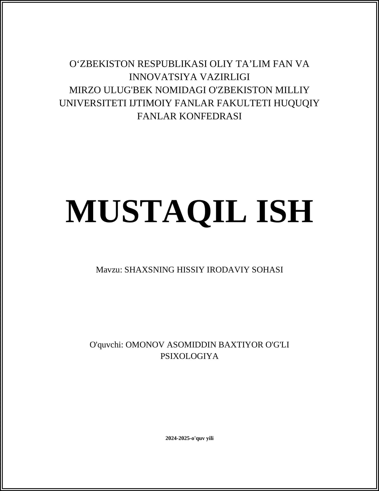 SHAXSNING HISSİY IRODAVİY SOHASI