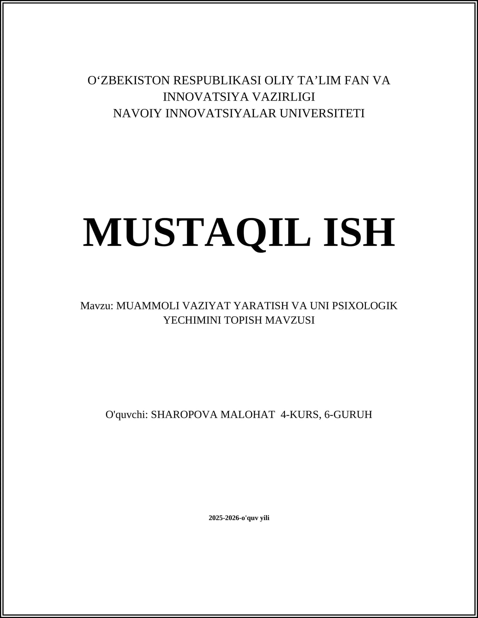 MUAMMOLI VAZIYAT YARATISH VA UNI PSIXOLOGIK YECHIMINI TOPISH MAVZUSI